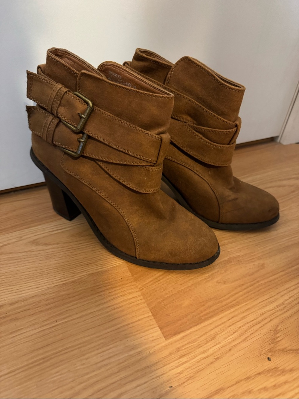 JustFab Tan Suede Ankle Boots with Double Buckle Straps